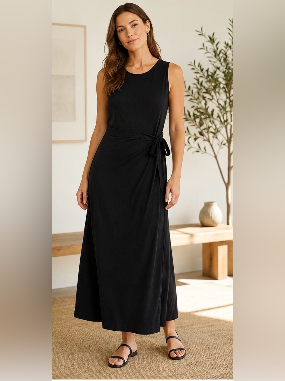 Cuyana XL Black Sleeveless Wrap Maxi Dress | Peruvian Pima Cotton Minimalist
